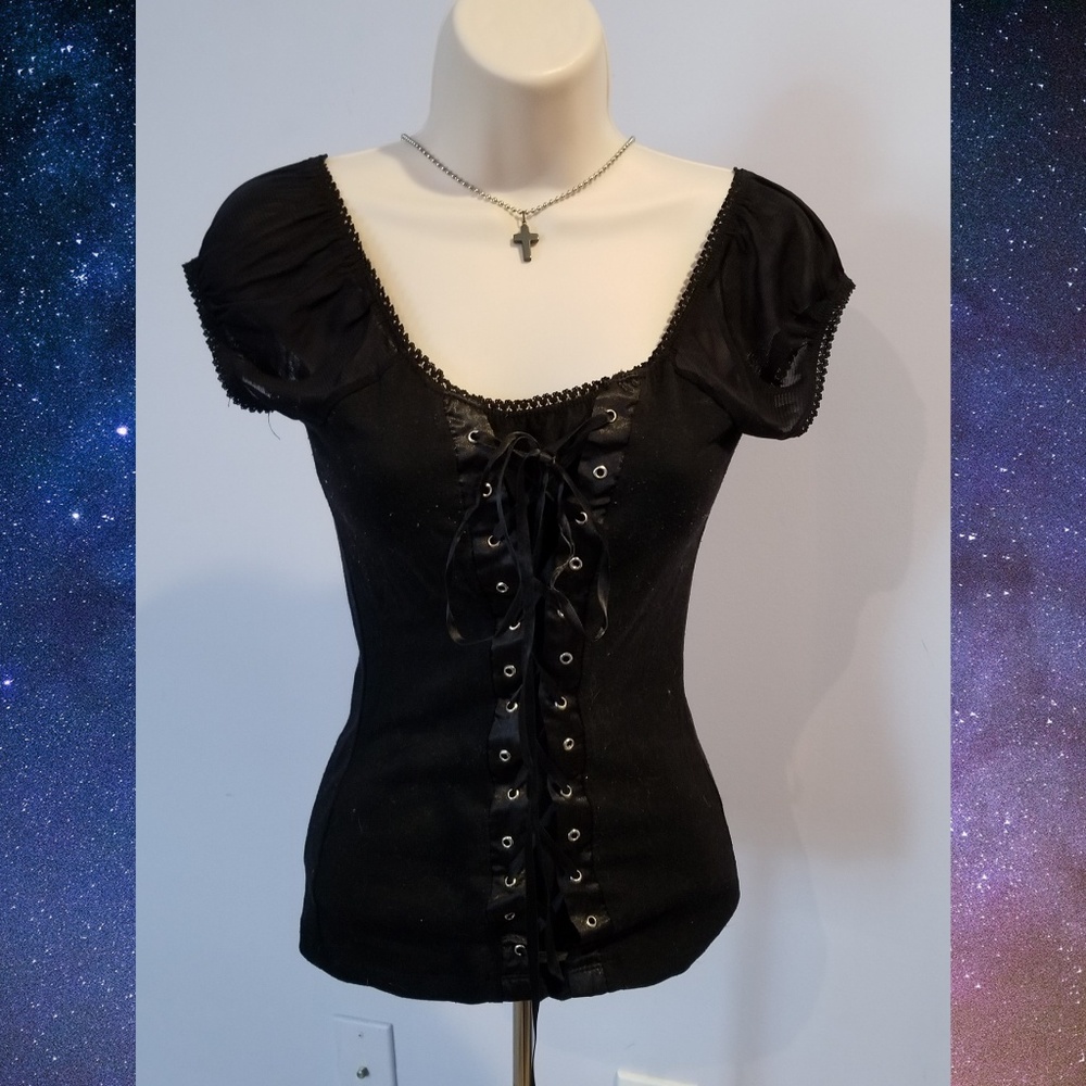 Body Central Lace-Up Black Short Sleeve Blouse - S
